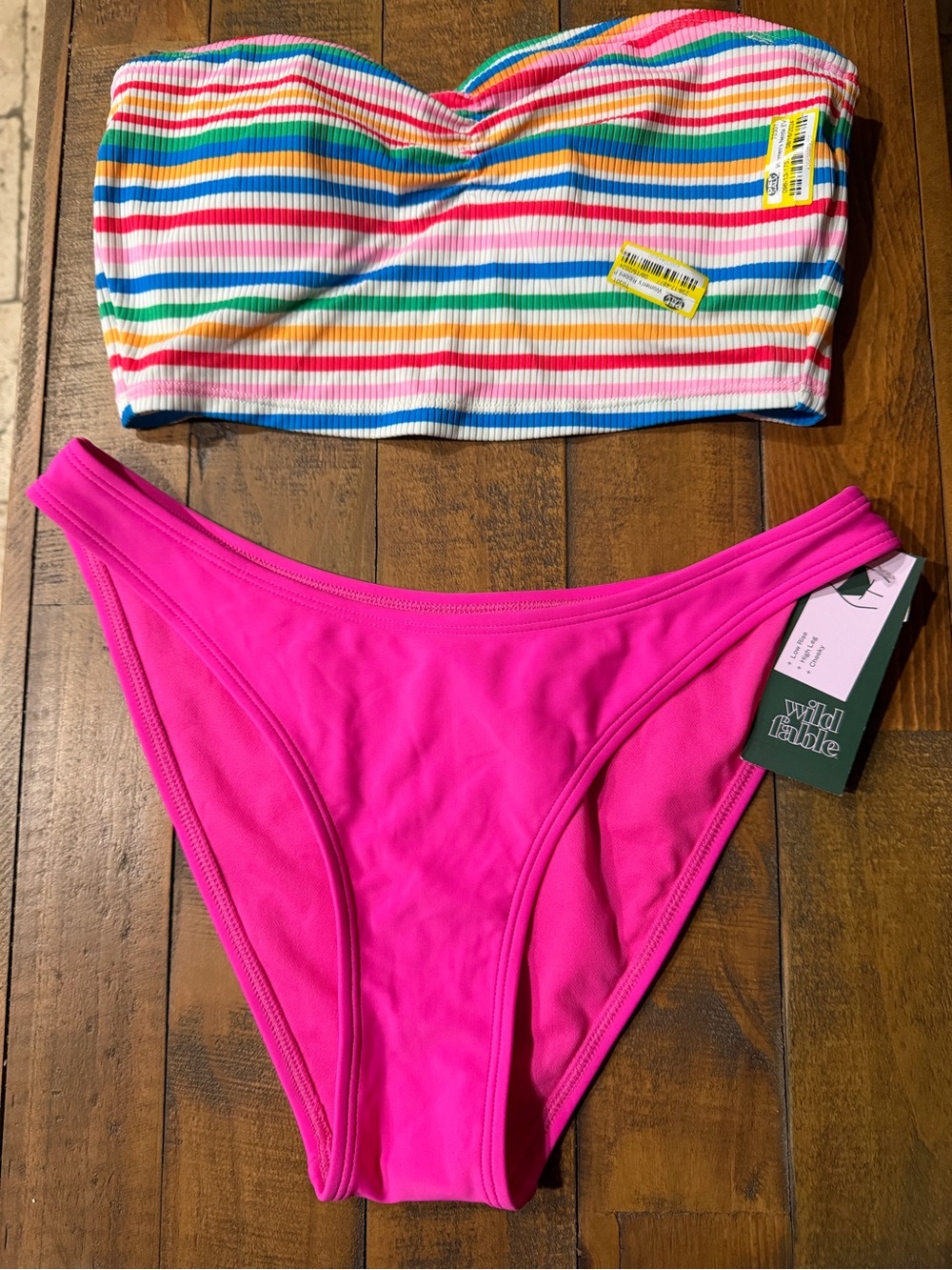 wild fable Hot Pink Bikini Bottom with Rainbow Stripe Bandeau Top